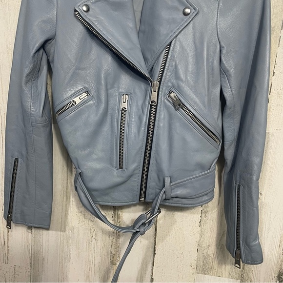 All Saints Moto Biker Zippered Belted 100% Lamb Leather Jacket size 0 Blue Gray - Picture 3 of 11